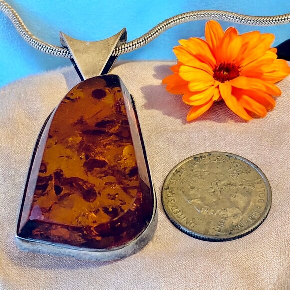 Sterling Silver Italy Vintage Snake Chain Necklace Amber Large Pendant - Picture 6 of 10